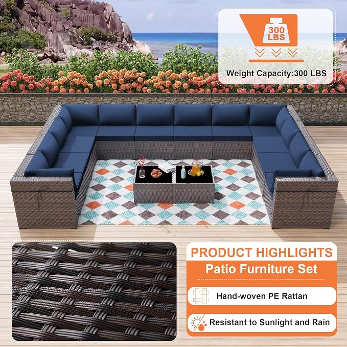 ALAULM 14 Pieces Patio Furniture Set Wicker Patio Conversation Set, Outdoor Sectional Furniture w/Coffee Table & Washable Seat Cushions-Dark Blue