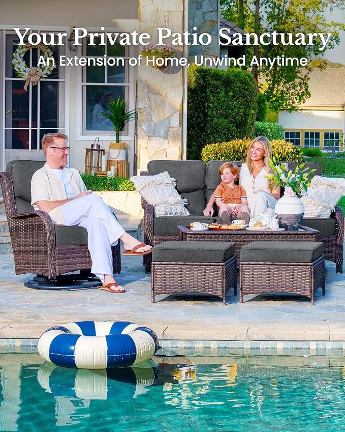 HILLGA 7-Piece Luxury Patio Furniture Set with 6" Thick Cushions, Weather-Resistant Wicker High Back Swivel Rocker Chairs, Senior-Friendly Outdoor Loveseat Set for Large Deck and Poolside, Gray(V2)