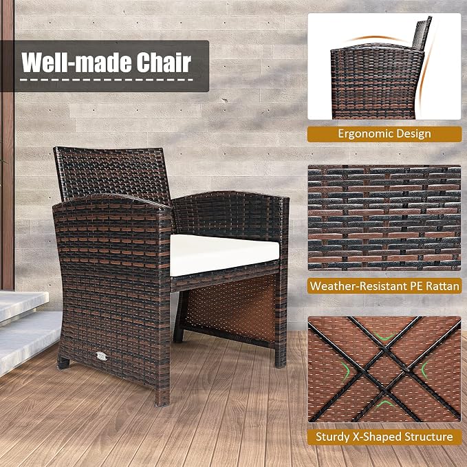 Tangkula 3-Piece Outdoor PE Rattan Furniture Set, Patio Conversation Set w/Chair & Storage Coffee Table, Detachable Cushion, Stable X-Shaped Frame, Perfect for Garden, Backyard, Poolside (White)