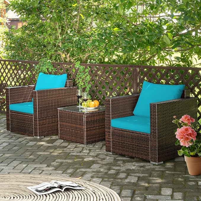 COSTWAY 3-Piece Patio Furniture Set, Outdoor Wicker Rattan Sofa with Cushions and Coffee Table with Tempered Glass, Modern Conversation Chair Set for Poolside Backyard Balcony Lawn (Turquoise)