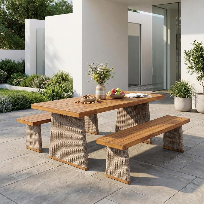 Merax 3-Piece Outdoor Dining Set Acacia Wood, 1 Table + 2 Benches, Slatted Design Tabletop & Woven Rattan Legs, Weather-Resistant Rectangle Patio Dining Set, Brown