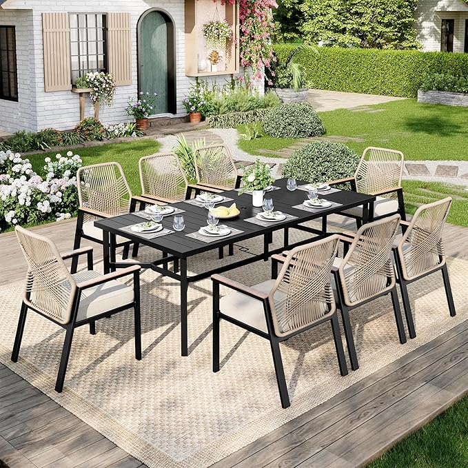 MIXPATIO Outdoor Patio Dining Table for 8, 83" x 39" Rectangular Metal Patio Dining Table with 1.7" Umbrella Hole, All Weather Wrought Iron Black Outdoor Table for Garden, Backyard and Porch