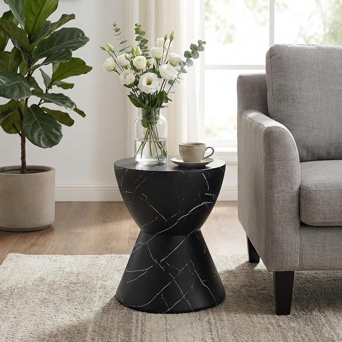 Outdoor Side Table Faux Marble End Table Faux Stone Side Tables Travertine Small Coffee Tables for Indoor Outdoor, Garden Stool Plant Stand for Porch, Backyard Patio, 15"*19" Black