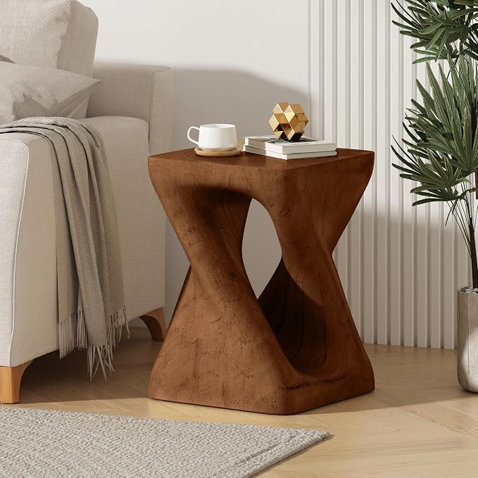 Faux Concrete Side Table Outdoor Faux Stone End Table, Round Outdoor Accent Tables, Garden Stool Plant Stand for Porch, Backyard, Brown, 11.75" x 11.75" x 16"