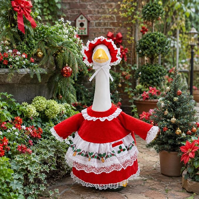 2 Pcs/Set Christmas Mrs. Claus Porch Goose Outfits, Lawn Goose Statue Mrs. Claus Costume, Red Green White Christmas Garden Goose Clothes Dress and Hat for 23" High Statue Xmas Holiday Patio Yard Decor