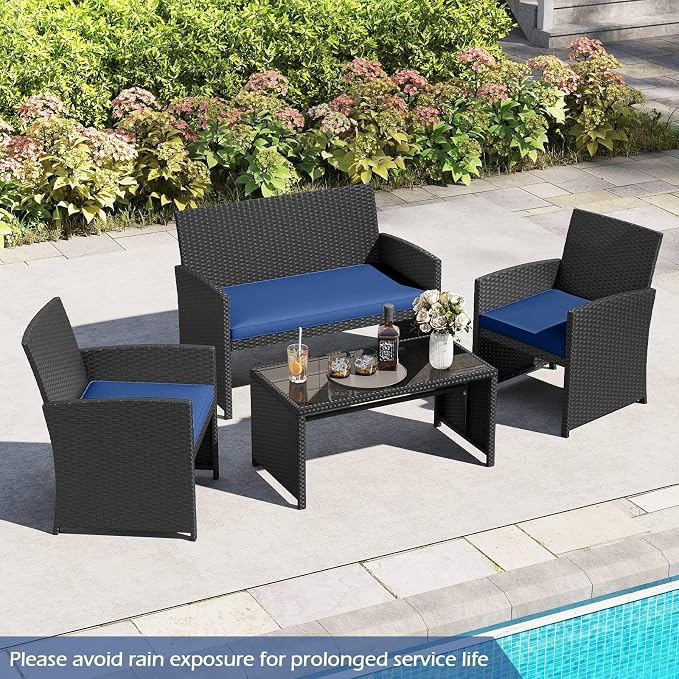 RELAX4LIFE 4-Piece Patio Furniture Set - Wicker Rattan Outdoor Sectional Sofa Set w/Glass Coffee Table, Loveseat, 2 Chairs & Soft Cushions, Bistro Conversation for Garden Porch (1, Black-Navy)