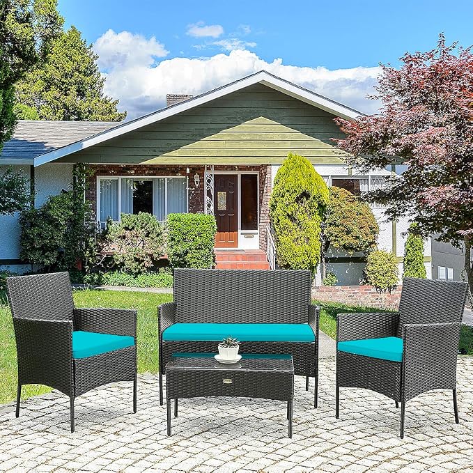 HAPPYGRILL 4 Pieces Patio Furniture Set Rattan Wicker Conversation Set with Tempered Glass Top Table, Outdoor Wicker Sofa Set with Removable Cushions for Poolside Garden Backyard