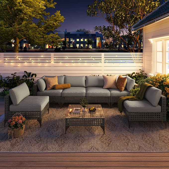 AECOJOY 7-Piece Outdoor Patio Furniture Set, Wicker Sectional Sofa Conversation Set with Cushions and Glass Coffee Table, Grey Rattan Patio Sofa Set for Backyard, Garden, Poolside