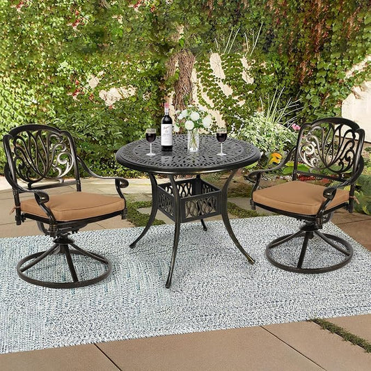 3-Piece Outdoor Patio Dining Set, All-Weather Cast Aluminum Patio Furniture Set for Backyard Garden Deck with 2 Swivel Cushioned Chairs and 35.4” Round Table, 2" Umbrella Hole, Khaki