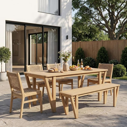 Christopher Knight Home Della Acacia Wood Dining Table Set for 6, 6 Piece Outdoor Dining Set with 70.75" Dinner Table, Bench and Armless Chairs, Patio Furniture Set for Dinner,Light Teak+Light Brown