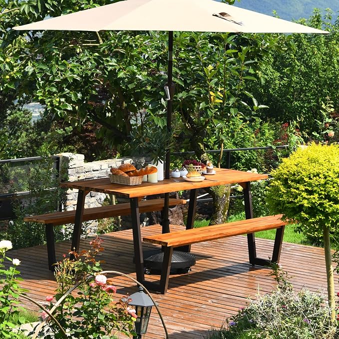 COSTWAY Acacia Wood Picnic Table, 70” Tabletop with Umbrella Hole, Patented Design, Strong Metal Frame, 6 Person Outdoor Picnic Table Bench Set for Patio, BBQ, Dining