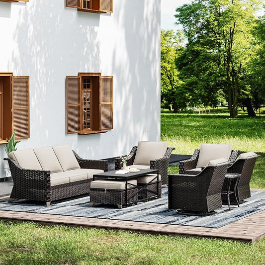 Joyside Wicker Patio Furniture Sets, 9 Pieces Upgraded Large Size Outdoor Furniture with Swivel Rocking Patio Chairs, Patio Dining Chair, 3-Seat Sofa, Outdoor Ottoman, Coffee Table, Thick Cushions
