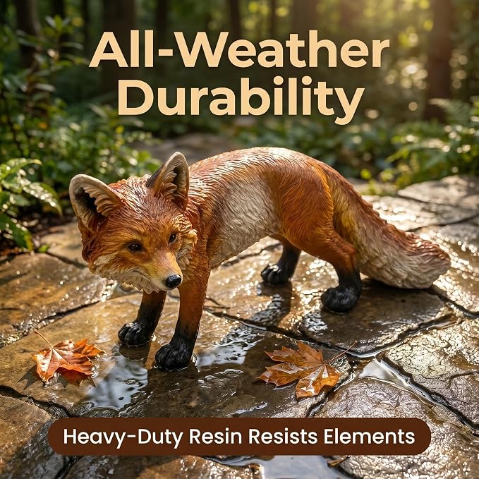 Red Fox Statue Garden Decor 19.7 Inch | Weather Resistant Resin, Lifelike Wildlife Animal Sculpture, Outdoor Yard Lawn Patio Porch, Home Decoration