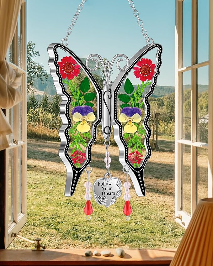 KY&BOSAM Butterfly Suncatcher for Windows Hangings Follow Your Dream Stained Glass Wind Chimes with Pressed Flower Heart Charm Birthday Gifts for Women Mother's Day Valentine's Christmas Home Decor