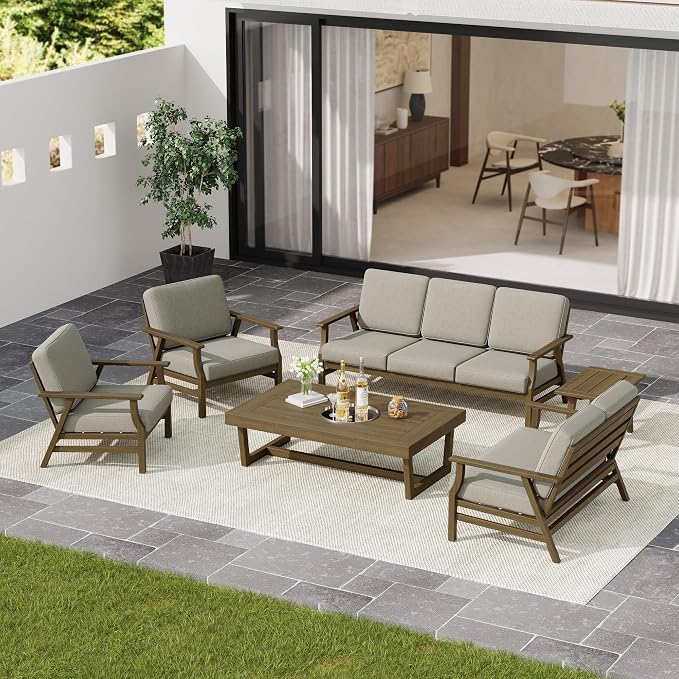 4 Pieces Patio Furniture Sets, Teak Wood Outdoor Sectional Furniture with Coffee Table, 5 Seats Patio Sofa Couch Conversation Set for Backyard Deck - Light Camel
