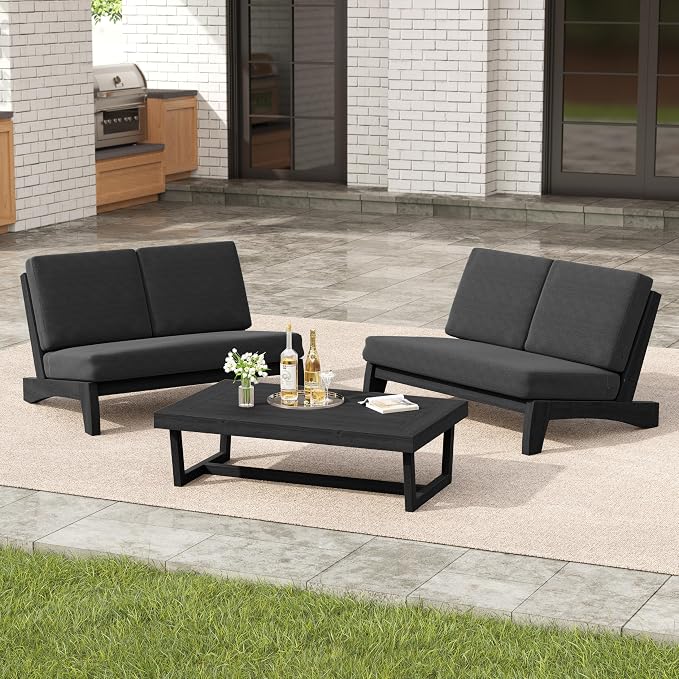 3 Pieces Patio Furniture Sets, All-Weather Outdoor Wood Bistro Set Patio Conversation Coffee Table Chiars and Patio Loveseat for Balcony, Backyard