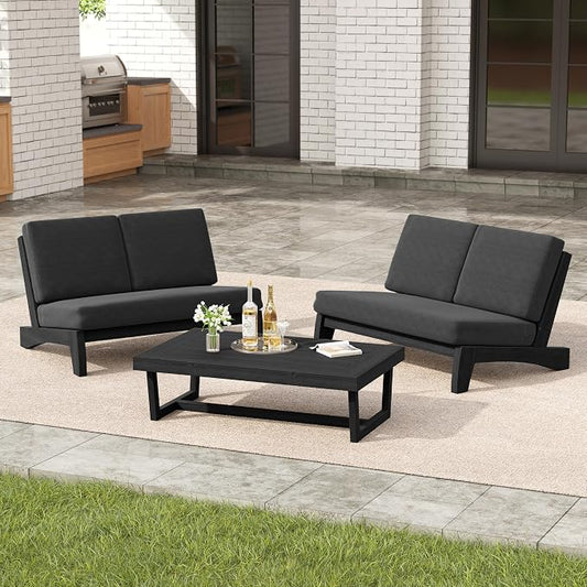 3 Pieces Patio Furniture Sets, All-Weather Outdoor Wood Bistro Set Patio Conversation Coffee Table Chiars and Patio Loveseat for Balcony, Backyard