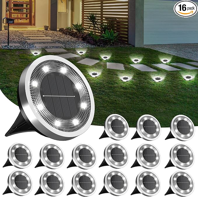 INCX 16Pack Solar Ground Lights Outdoor, 8 LED, IP65 Waterproof, Cold White | 600mAh Ni-MH battery, 8-10h runtime, stainless steel, ABS and PP body, solar garden lights for pathways, lawns and driveways