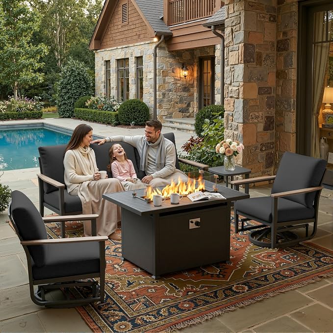 Aluminum Outdoor Patio Furniture Set, 5-Piece Outdoor Sofa with 5.1" Thick Cushions, Swivel Rocking Chairs, 55,000 BTU Propane Fire Pit Table, Outdoor Couch for Backyard, Balcony, Black