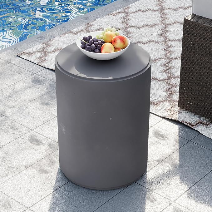 HOMPUS Outdoor Side Table Round, Concrete Lightweight MgO End Table, Patio Accent Coffee Table Garden Tool for Patio, Porch and Deck, Frosted Grey