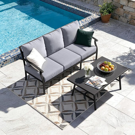 Kullavik Patio Furniture Set,2 Piece Metal Outdoor Patio Furniture Set,All Weather Modern Patio Conversation Sets w/3 Seater Sofa and Coffee Table for Balcony Deck,Grey