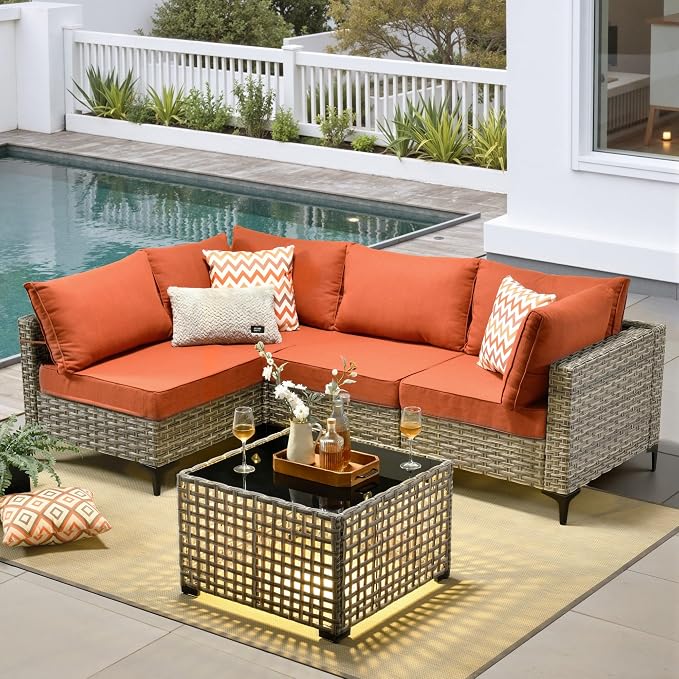5 Pieces Patio Furniture Set with Solar Light Coffee Table, All-Weather Wicker Outdoor Sectional Conversation Sets L Shaped Sofas for Outside Porch Balcony Backyard Orange