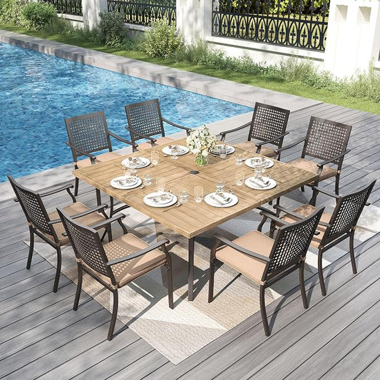 PHI VILLA Outdoor Dining Set for 8, Square Metal Table w/Umbrella Hole | 9 pcs 57.5" brown wrought iron furniture set w/ cushions. All weather for patio, deck, yard, porch