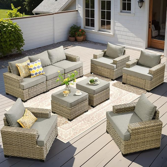 9 Pcs Outdoor Sectional Patio Furniture Set with Ottomans - All Weather Wicker Modular Outside Sectional Couch,Patio Seating Outdoor Conversation Sets for Deck Yard Garden,Dark Grey
