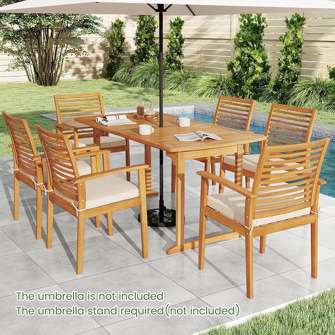 Tangkula 7 Piece Patio Acacia Wood Dining Set for 6, Patio Rectangle Table with Umbrella Hole & 6 Cushioned Armchairs, for Backyard Garden Poolside Deck, Natural