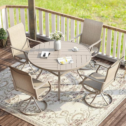VICLLAX 5 Pieces Patio Dining Set for 4, Outdoor Furniture Set Includes 40.6" Round Outdoor Table and 4 Patio Swivel Chairs for Lawn Garden, Sandshell Tabletop and Fabric