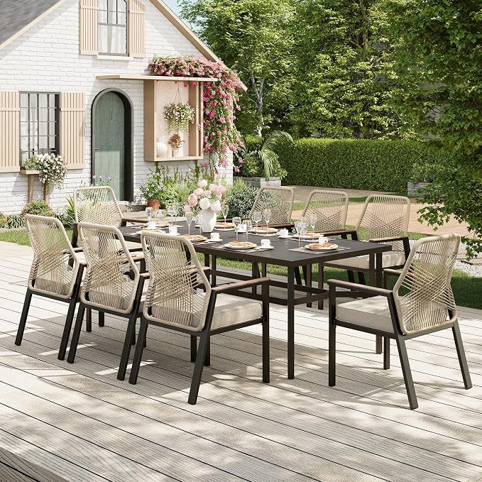 MIXPATIO 9 Pieces Outdoor Dining Set for 8, Patio Dining Set Wicker Rattan Chairs with 3.1" Cushion and Rectangular Table with Umbrella Hole, Wicker Patio Table and Chairs for Backyard Porch
