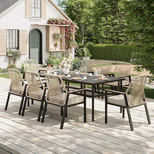 MIXPATIO 9 Pieces Outdoor Dining Set for 8, Patio Dining Set Wicker Rattan Chairs with 3.1" Cushion and Rectangular Table with Umbrella Hole, Wicker Patio Table and Chairs for Backyard Porch