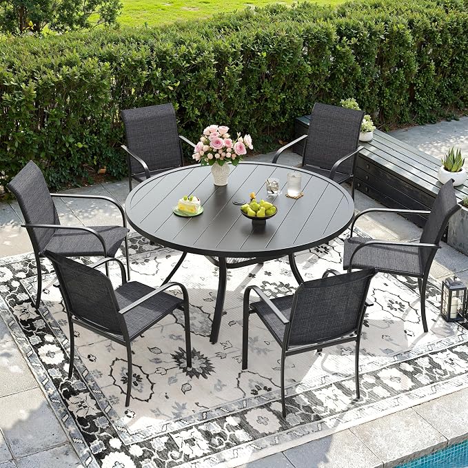 DIFY Outdoor Dining Set for 6, Patio Dining Furniture Set Includes 47.2" Black Round Table with Adjustable Umbrella Hole and 6 Grey Stackable Metal Chairs for Poolside, Garden, Backyard