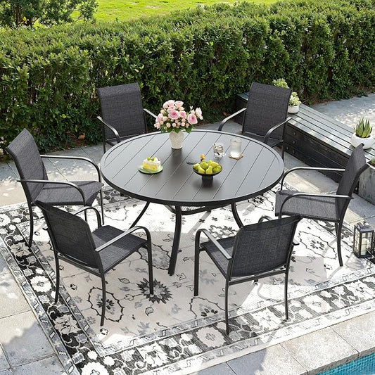 DIFY Outdoor Dining Set for 6, Patio Dining Furniture Set Includes 47.2" Black Round Table with Adjustable Umbrella Hole and 6 Grey Stackable Metal Chairs for Poolside, Garden, Backyard