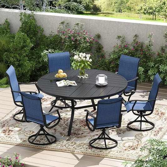 7 Pieces Patio Furniture Dining Set, 6 Textilene Swivel Dining Chairs, 53" Outdoor Round Metal Table with 1.57" Umbrella Hole, Outdoor Dining Set for Porch, Lawn, Garden, Black/Blue