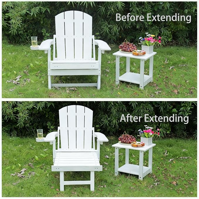 Outdoor Foldable Adirondack Chair with footrest,Patio Recliner,3-Level Adjustable Backrest,Hidden Ottoman,Ergonomic Design,Ideal for Patio,Camping, Pool Use.(White)