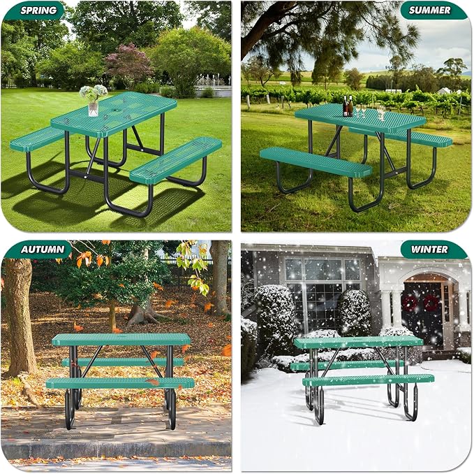 Heavy Duty Picnic Table with Umbrella Hole, Expanded Meta Outdoor Metal Patio Dining Table & Outdoor Bench Set, Steel Mesh Dining Furniture for Garden, Lawn, Patio (4FT Rectangular Table/ Green)