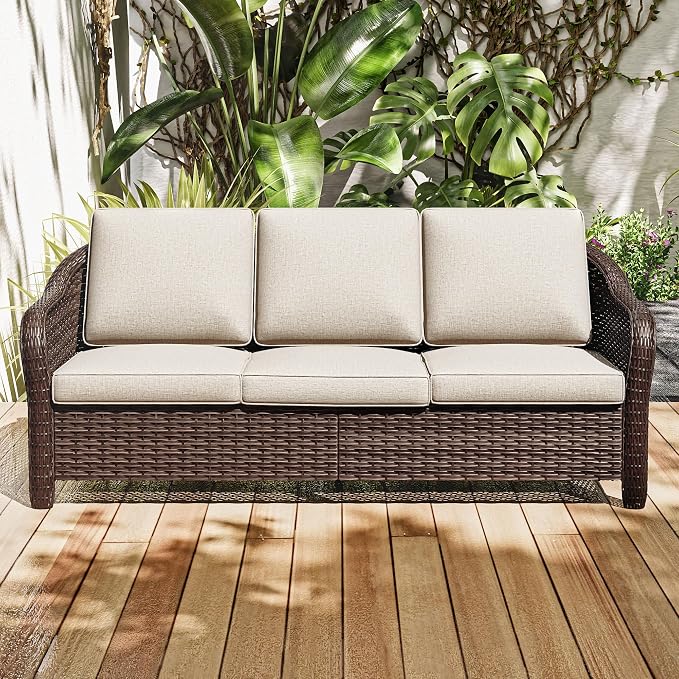 78" Wicker 3-seat Sofa, Outdoor Conversation Furniture, All-Weather Rattan Couch, Steel Frame Couch with Cushions for Garden, Poolside, Porch (Beige)