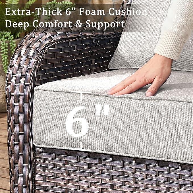 Luxury High Back Outdoor Furniture 6-Inch Thick Cushions with 50,000 BTU Gas Propane Fire Pit Tablet, Patio Furniture Set with Swivel Chairs, 8 PCS for Porch, Balcony, Deck and Yard