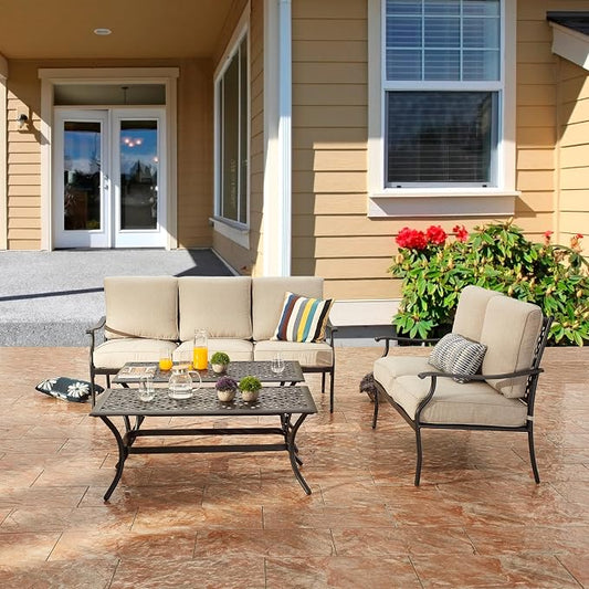 4 Pieces Patio Conversation Set 5 Seat Outdoor Furniture Sofa Chairs Patio Furniture Seating Sets with Cushion and Cofffee Table (Beige)