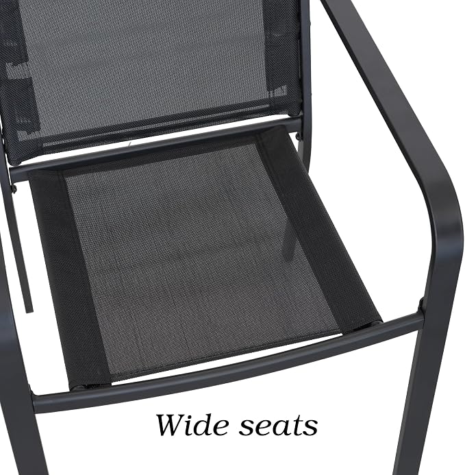 Anmutig 5 Piece Patio Dining Set 41 Inch Round Table Stackable Chairs Black | Powder-Coated Steel Frame, Quick-Dry Textilene Mesh, Dual-Size Umbrella Hole, Weather Resistant, Patio, Garden, Backyard