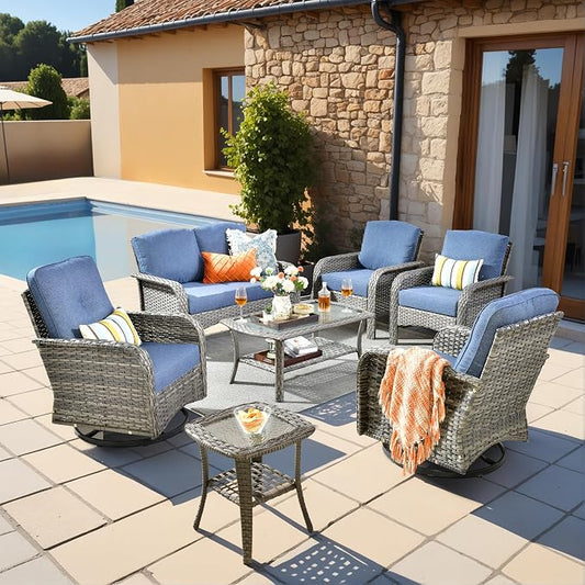 7 Pieces Outdoor Patio Furniture Set with Coffee Table, All Weather Wicker Patio Conversation Sets with Rocking Chairs, Balcony Furniture Sets for Backyard, Garden, Poolside, Denim Blue