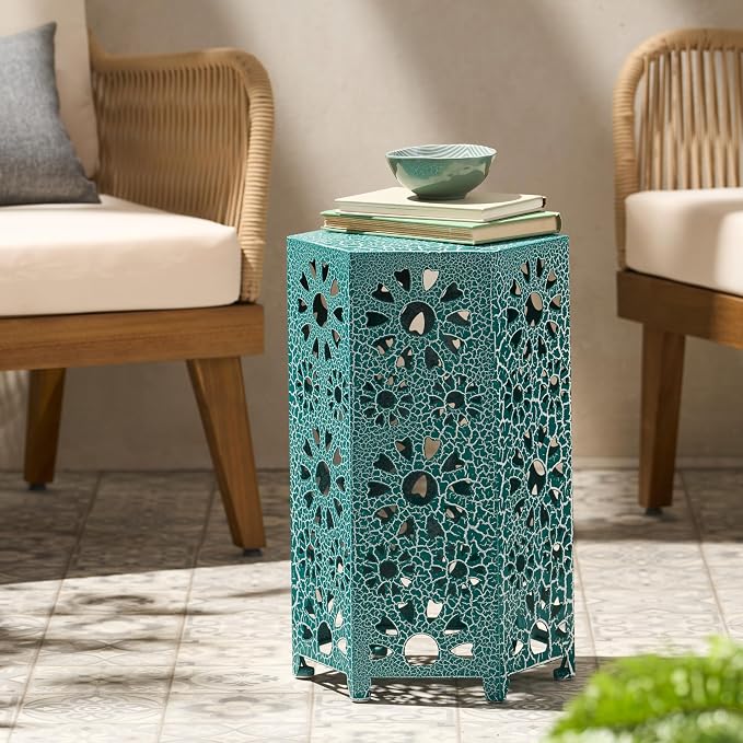 12" Outdoor Side Table, Decorative Cutout Metal Side Table, Multi Functional - Coffee Table, Night Stand, Plant Stand for Patio, Garden, Backyard, Gazebo Indoor (Teal)