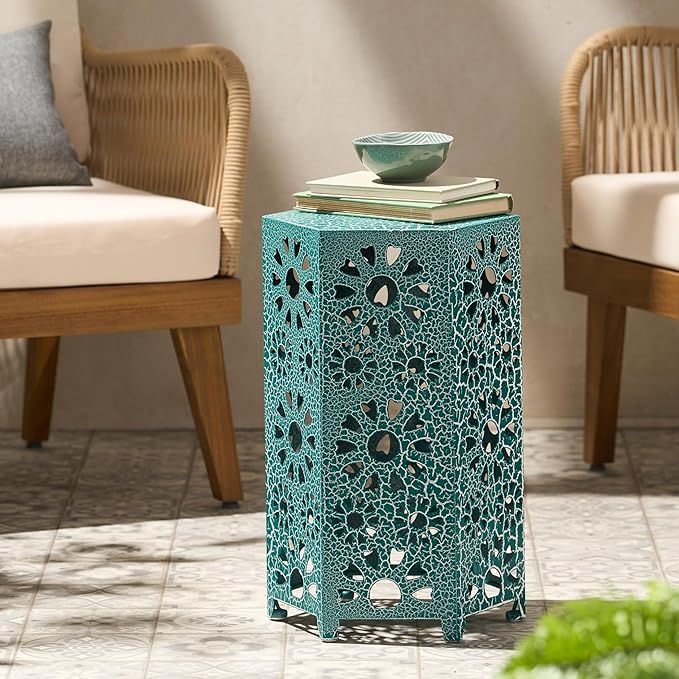 12" Outdoor Side Table, Metal Side Table, Multi Functional Decorative Cutout, Coffee Table, Night Stand, Plant Stand for Patio, Garden, Backyard, Gazebo Indoor (Teal)