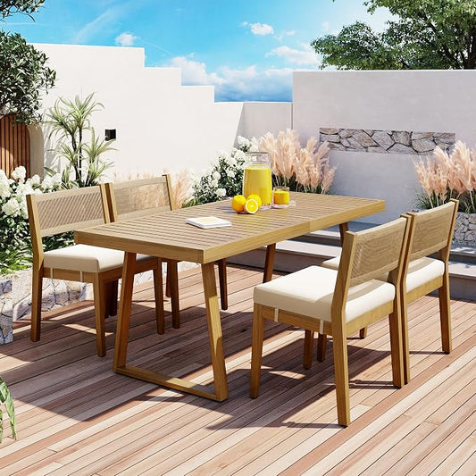 VilroCaz 5 Pieces Patio Dining Set, Acacia Wood Dining Table and Chair Set, All-Weather Outdoor Conversation Set Gathering Set with Thick Cushions for Garden Backyard Balcony (Beige+Acacia5)