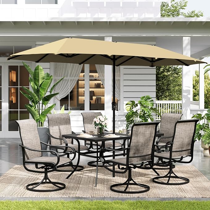 Sophia & William Patio Set with Umbrella 8 Pieces Outdoor Dining Set for 6 with 13ft Outdoor Beige Umbrella, 6 x Swivel Patio Chairs with 59" Dining Table for Lawn Garden (No Umbrella Base)