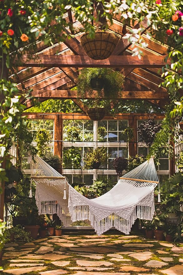 Handwoven Nicaraguan Cotton Rope Hammock with Wooden Spreader Bars with Tropical Decorative Trim