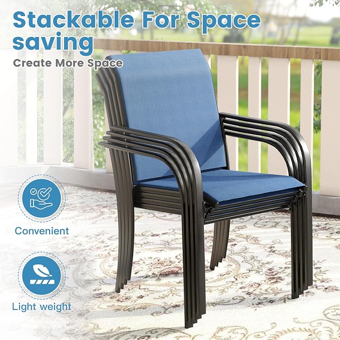DIFY Outdoor Dining Set for 6, Patio Dining Furniture Set Includes 47.2" Black Round Table with Adjustable Umbrella Hole and 6 Blue Stackable Metal Chairs for Poolside, Garden, Backyard