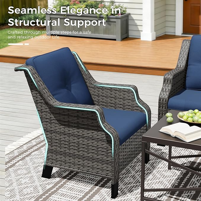 Outdoor Patio Furniture Set, 6 Piece Wicker Patio Furniture with Thick Cushions, Curved Armrest, Deep Seating, Rattan Outdoor Chairs for Porch, Deck, Balcony