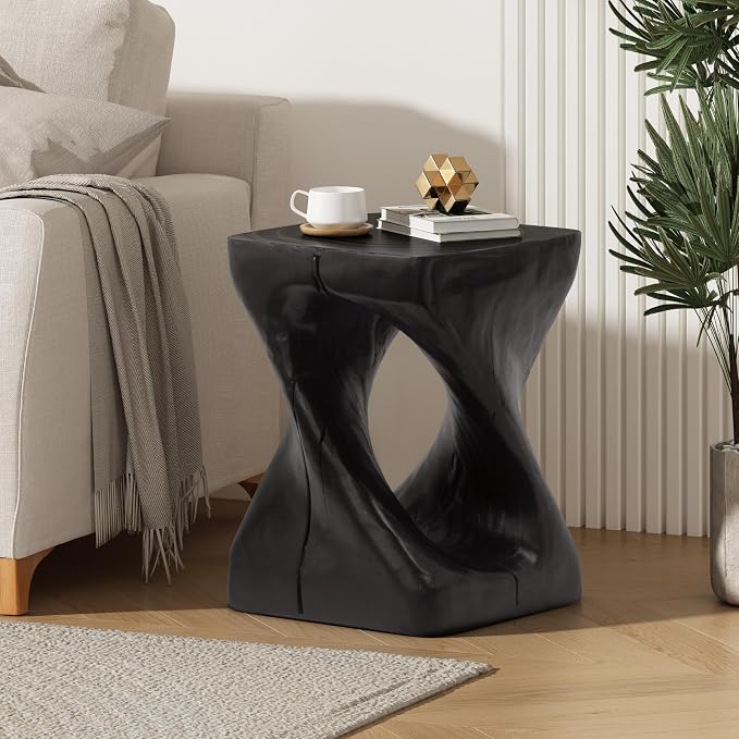 Faux Concrete Side Table Outdoor Faux Stone End Table, Round Outdoor Accent Tables, Garden Stool Plant Stand for Porch, Backyard, 11.75" x 11.75" x 16", Black
